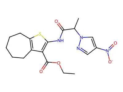 ethyl 2-[(2-{4-nitro-1H-pyrazol-1-yl}propanoyl)amino]-5,6,7,8-tetrahydro-4H-cyclohepta[b]thiophene-3-carboxylate structure