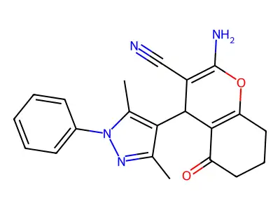2-amino-4-(3,5-dimethyl-1-phenylpyrazol-4-yl)-5-oxo-4,6,7,8-tetrahydrochromene-3-carbonitrile structure