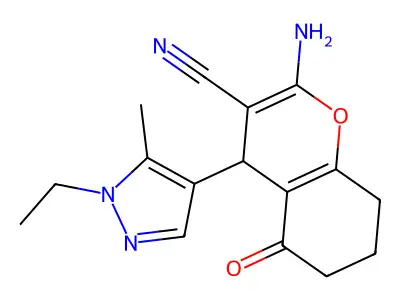 2-amino-4-(1-ethyl-5-methylpyrazol-4-yl)-5-oxo-4,6,7,8-tetrahydrochromene-3-carbonitrile structure