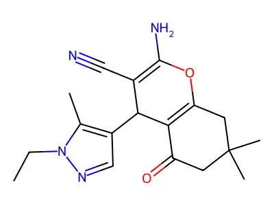 2-amino-4-(1-ethyl-5-methyl-1H-pyrazol-4-yl)-7,7-dimethyl-5-oxo-5,6,7,8-tetrahydro-4H-chromene-3-carbonitrile structure