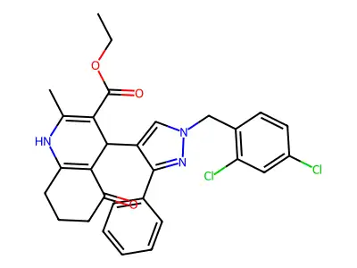 ethyl 4-[1-(2,4-dichlorobenzyl)-3-phenyl-1H-pyrazol-4-yl]-2-methyl-5-oxo-1,4,5,6,7,8-hexahydro-3-quinolinecarboxylate structure