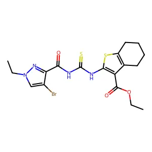 ethyl 2-({[(4-bromo-1-ethyl-1H-pyrazol-3-yl)carbonyl]carbamothioyl}amino)-4,5,6,7-tetrahydro-1-benzothiophene-3-carboxylate structure