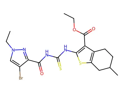 ethyl 2-({[(4-bromo-1-ethyl-1H-pyrazol-3-yl)carbonyl]carbamothioyl}amino)-6-methyl-4,5,6,7-tetrahydro-1-benzothiophene-3-carboxylate structure