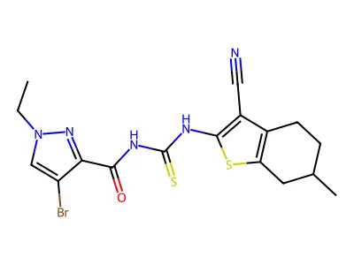 4-bromo-N-[(3-cyano-6-methyl-4,5,6,7-tetrahydro-1-benzothiophen-2-yl)carbamothioyl]-1-ethylpyrazole-3-carboxamide structure