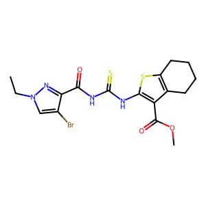 methyl 2-({[(4-bromo-1-ethyl-1H-pyrazol-3-yl)carbonyl]carbamothioyl}amino)-4,5,6,7-tetrahydro-1-benzothiophene-3-carboxylate structure