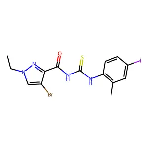 4-bromo-1-ethyl-N-[(4-iodo-2-methylphenyl)carbamothioyl]pyrazole-3-carboxamide structure