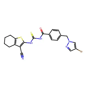 4-[(4-bromopyrazol-1-yl)methyl]-N-[(3-cyano-4,5,6,7-tetrahydro-1-benzothiophen-2-yl)carbamothioyl]benzamide structure