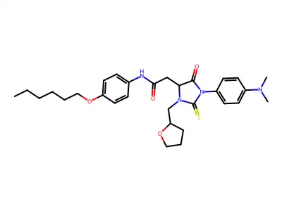 2-(1-(4-(dimethylamino)phenyl)-5-oxo-3-((tetrahydrofuran-2-yl)methyl)-2-thioxoimidazolidin-4-yl)-N-(4-(hexyloxy)phenyl)acetamide structure
