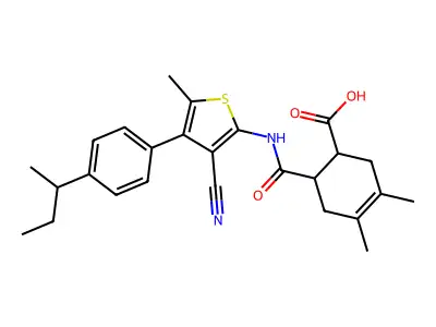 6-({[4-(4-sec-butylphenyl)-3-cyano-5-methyl-2-thienyl]amino}carbonyl)-3,4-dimethyl-3-cyclohexene-1-carboxylic acid structure