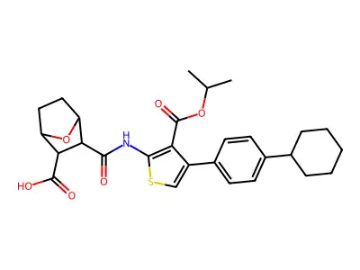 3-({[4-(4-cyclohexylphenyl)-3-(isopropoxycarbonyl)-2-thienyl]amino}carbonyl)-7-oxabicyclo[2.2.1]heptane-2-carboxylic acid structure