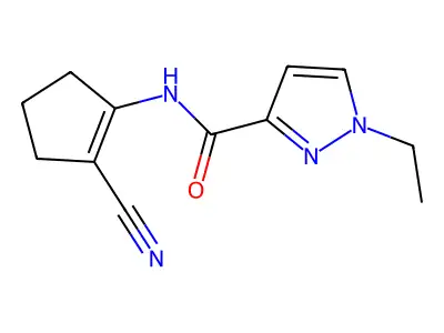 N-(2-cyano-1-cyclopentenyl)-1-ethyl-3-pyrazolecarboxamide structure