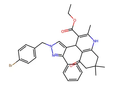 ethyl 4-[1-(4-bromobenzyl)-3-phenyl-1H-pyrazol-4-yl]-2,7,7-trimethyl-5-oxo-1,4,5,6,7,8-hexahydro-3-quinolinecarboxylate structure