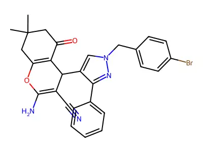 2-amino-4-[1-(4-bromobenzyl)-3-phenyl-1H-pyrazol-4-yl]-7,7-dimethyl-5-oxo-5,6,7,8-tetrahydro-4H-chromene-3-carbonitrile structure