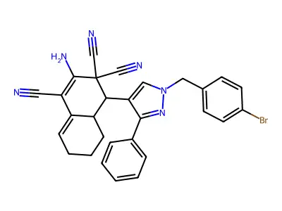 2-amino-4-[1-[(4-bromophenyl)methyl]-3-phenylpyrazol-4-yl]-4a,5,6,7-tetrahydro-4H-naphthalene-1,3,3-tricarbonitrile structure