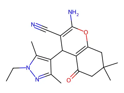 2-amino-4-(1-ethyl-3,5-dimethyl-1H-pyrazol-4-yl)-7,7-dimethyl-5-oxo-5,6,7,8-tetrahydro-4H-chromene-3-carbonitrile structure
