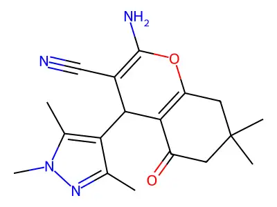 2-amino-7,7-dimethyl-5-oxo-4-(1,3,5-trimethyl-1H-pyrazol-4-yl)-5,6,7,8-tetrahydro-4H-chromene-3-carbonitrile structure