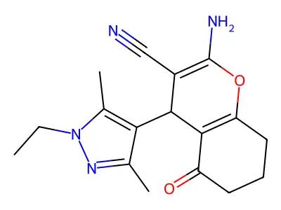 2-amino-4-(1-ethyl-3,5-dimethyl-1H-pyrazol-4-yl)-5-oxo-5,6,7,8-tetrahydro-4H-chromene-3-carbonitrile structure