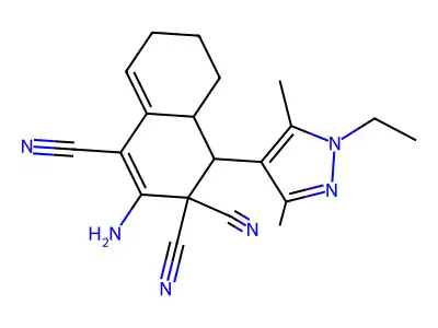 2-amino-4-(1-ethyl-3,5-dimethyl-1H-pyrazol-4-yl)-4a,5,6,7-tetrahydro-1,3,3(4H)-naphthalenetricarbonitrile structure