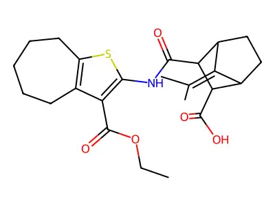 3-((3-(ethoxycarbonyl)-5,6,7,8-tetrahydro-4H-cyclohepta[b]thiophen-2-yl)carbamoyl)-7-(propan-2-ylidene)bicyclo[2.2.1]heptane-2-carboxylic acid structure