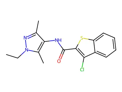 3-chloro-N-(1-ethyl-3,5-dimethylpyrazol-4-yl)-1-benzothiophene-2-carboxamide structure