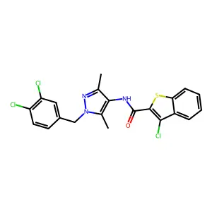 3-chloro-N-[1-(3,4-dichlorobenzyl)-3,5-dimethyl-1H-pyrazol-4-yl]-1-benzothiophene-2-carboxamide structure