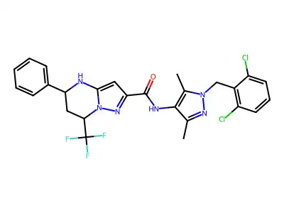 N-[1-(2,6-dichlorobenzyl)-3,5-dimethyl-1H-pyrazol-4-yl]-5-phenyl-7-(trifluoromethyl)-4,5,6,7-tetrahydropyrazolo[1,5-a]pyrimidine-2-carboxamide structure