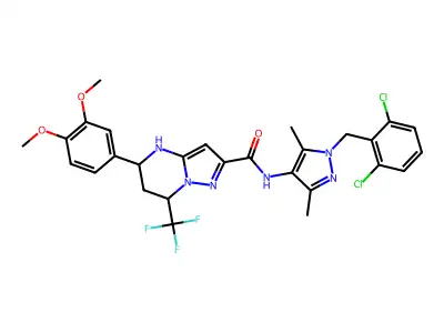 N-[1-(2,6-dichlorobenzyl)-3,5-dimethyl-1H-pyrazol-4-yl]-5-(3,4-dimethoxyphenyl)-7-(trifluoromethyl)-4,5,6,7-tetrahydropyrazolo[1,5-a]pyrimidine-2-carboxamide structure