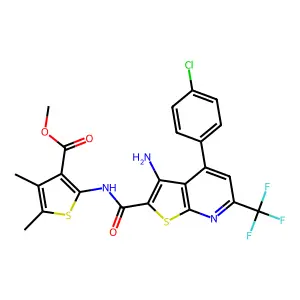 methyl 2-({[3-amino-4-(4-chlorophenyl)-6-(trifluoromethyl)thieno[2,3-b]pyridin-2-yl]carbonyl}amino)-4,5-dimethylthiophene-3-carboxylate structure