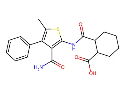 2-({[3-(aminocarbonyl)-5-methyl-4-phenyl-2-thienyl]amino}carbonyl)cyclohexanecarboxylic acid structure