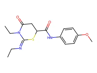3-ethyl-2-(ethylimino)-N-(4-methoxyphenyl)-4-oxo-1,3-thiazinane-6-carboxamide structure