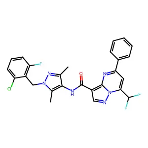 N-[1-(2-chloro-6-fluorobenzyl)-3,5-dimethyl-1H-pyrazol-4-yl]-7-(difluoromethyl)-5-phenylpyrazolo[1,5-a]pyrimidine-3-carboxamide structure