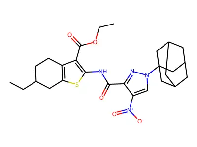 ethyl 2-[({1-(1-adamantyl)-4-nitro-1H-pyrazol-3-yl}carbonyl)amino]-6-ethyl-4,5,6,7-tetrahydro-1-benzothiophene-3-carboxylate structure