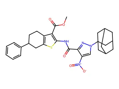 methyl 2-[({1-(1-adamantyl)-4-nitro-1H-pyrazol-3-yl}carbonyl)amino]-6-phenyl-4,5,6,7-tetrahydro-1-benzothiophene-3-carboxylate structure