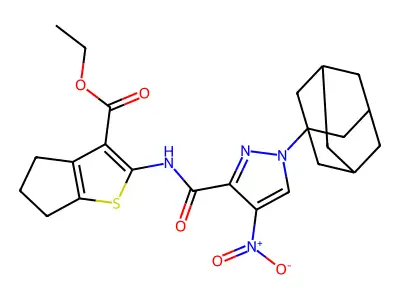 ethyl 2-[({1-(1-adamantyl)-4-nitro-1H-pyrazol-3-yl}carbonyl)amino]-5,6-dihydro-4H-cyclopenta[b]thiophene-3-carboxylate structure