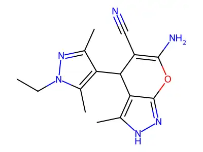 6-amino-4-(1-ethyl-3,5-dimethyl-1H-pyrazol-4-yl)-3-methyl-1,4-dihydropyrano[2,3-c]pyrazole-5-carbonitrile structure