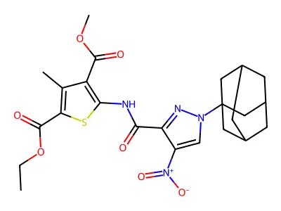 2-ethyl 4-methyl 5-[({1-(1-adamantyl)-4-nitro-1H-pyrazol-3-yl}carbonyl)amino]-3-methyl-2,4-thiophenedicarboxylate structure