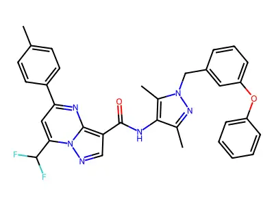 7-(difluoromethyl)-N-[3,5-dimethyl-1-(3-phenoxybenzyl)-1H-pyrazol-4-yl]-5-(4-methylphenyl)pyrazolo[1,5-a]pyrimidine-3-carboxamide structure