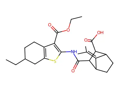 3-({[3-(ethoxycarbonyl)-6-ethyl-4,5,6,7-tetrahydro-1-benzothien-2-yl]amino}carbonyl)-7-(1-methylethylidene)bicyclo[2.2.1]heptane-2-carboxylic acid structure