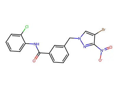 3-[(4-bromo-3-nitropyrazol-1-yl)methyl]-N-(2-chlorophenyl)benzamide structure
