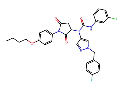 1-[1-(4-butoxyphenyl)-2,5-dioxopyrrolidin-3-yl]-3-(3-chlorophenyl)-1-[1-[(4-fluorophenyl)methyl]pyrazol-4-yl]urea structure