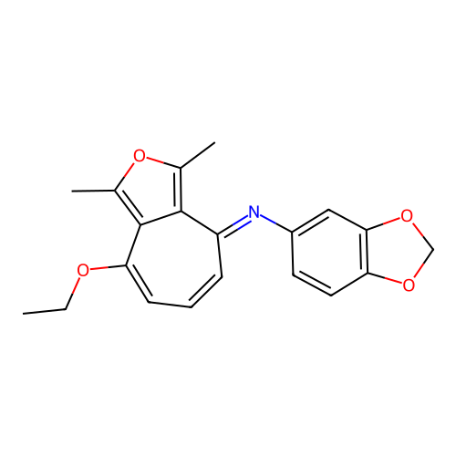 (E)-N-(8-ethoxy-1,3-dimethyl-4H-cyclohepta[c]furan-4-ylidene)benzo[d][1,3]dioxol-5-amine structure