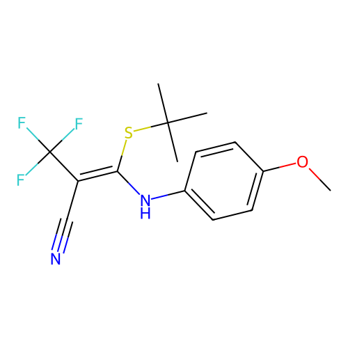 (Z)-3-(tert-butylthio)-3-((4-methoxyphenyl)amino)-2-(trifluoromethyl)acrylonitrile structure