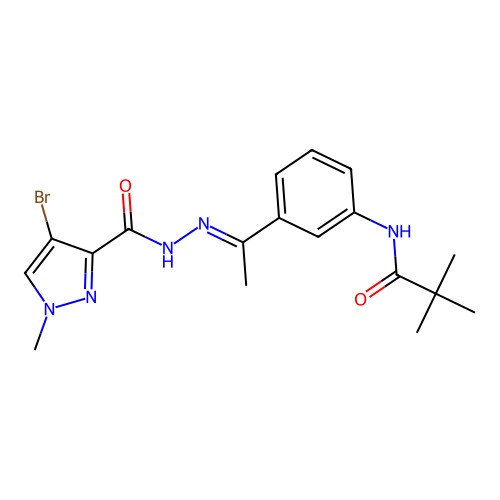N-(3-{N-[(4-bromo-1-methyl-1H-pyrazol-3-yl)carbonyl]ethanehydrazonoyl}phenyl)-2,2-dimethylpropanamide structure