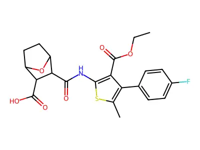 3-({[3-(ethoxycarbonyl)-4-(4-fluorophenyl)-5-methyl-2-thienyl]amino}carbonyl)-7-oxabicyclo[2.2.1]heptane-2-carboxylic acid structure