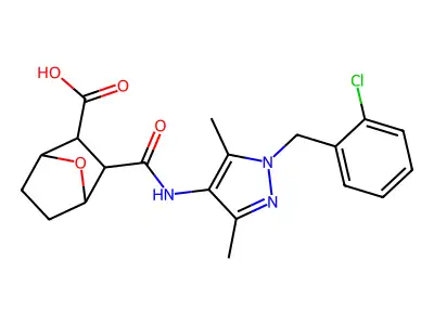 3-({[1-(2-chlorobenzyl)-3,5-dimethyl-1H-pyrazol-4-yl]amino}carbonyl)-7-oxabicyclo[2.2.1]heptane-2-carboxylic acid structure