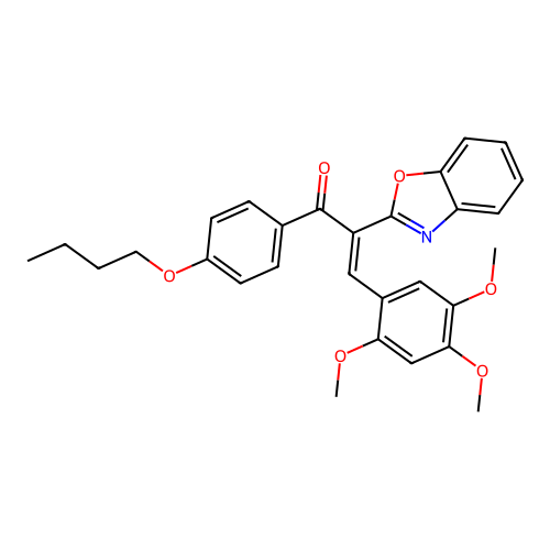 (2E)-2-(1,3-benzoxazol-2-yl)-1-(4-butoxyphenyl)-3-(2,4,5-trimethoxyphenyl)prop-2-en-1-one structure