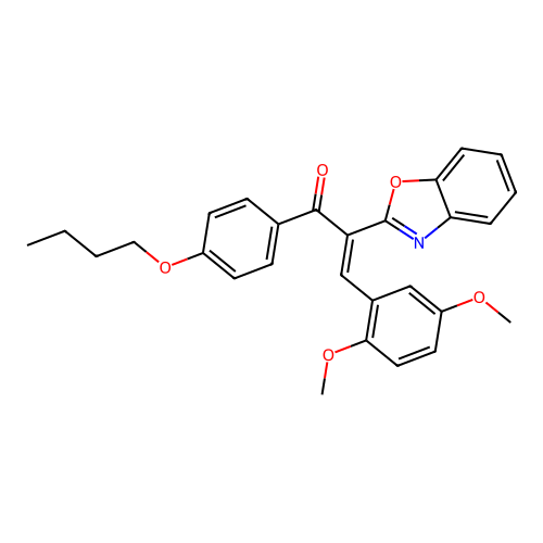 (2E)-2-(1,3-benzoxazol-2-yl)-1-(4-butoxyphenyl)-3-(2,5-dimethoxyphenyl)prop-2-en-1-one structure