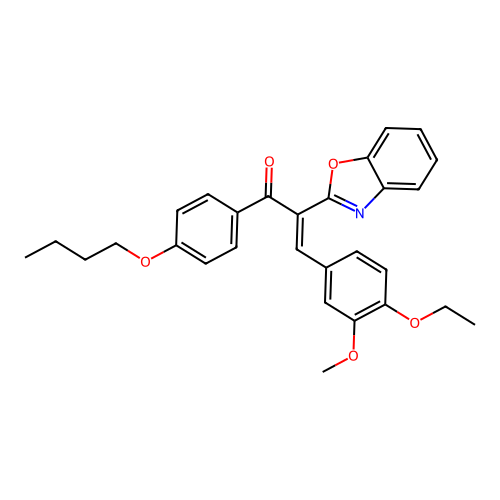 (2E)-2-(1,3-benzoxazol-2-yl)-1-(4-butoxyphenyl)-3-(4-ethoxy-3-methoxyphenyl)prop-2-en-1-one structure