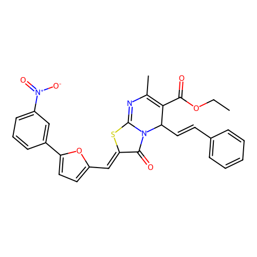 (Z)-ethyl 7-methyl-2-((5-(3-nitrophenyl)furan-2-yl)methylene)-3-oxo-5-((E)-styryl)-3,5-dihydro-2H-thiazolo[3,2-a]pyrimidine-6-carboxylate structure