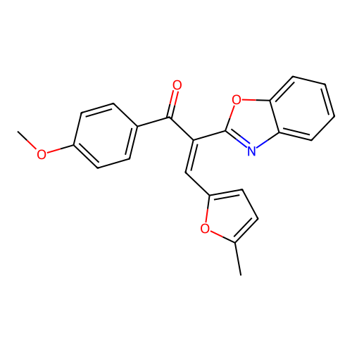 (2Z)-2-(1,3-benzoxazol-2-yl)-1-(4-methoxyphenyl)-3-(5-methylfuran-2-yl)prop-2-en-1-one structure